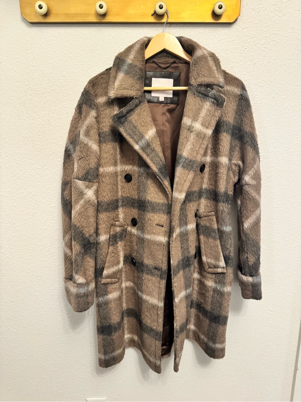 Lucky Brand Brown Plaid Double-Breasted Pea Coat